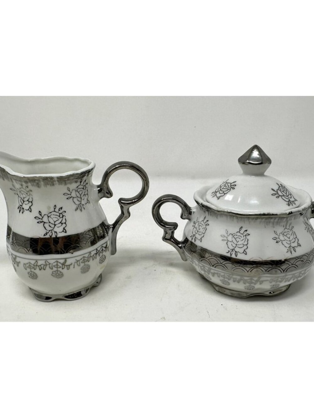 STERLING CHINA 3 Pce Set Tea Pot w/Lid Creamer Sugar Floral Platinum Trim Japan - Picture 8 of 10